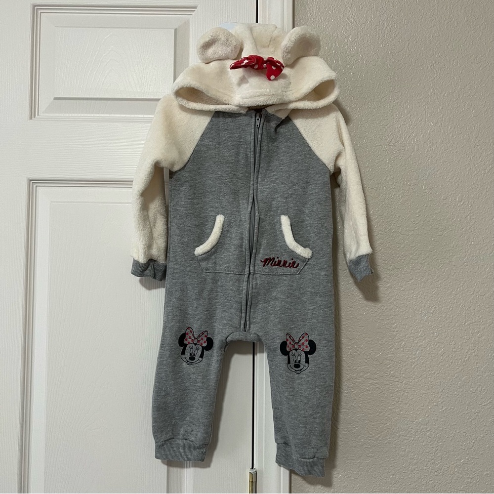 EUC 24month Disney Baby Minnie Mouse hooded fleece zip romper